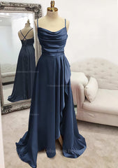 Formal Dresses With Sleeves For Weddings, A-line Bateau Spaghetti Straps Long/Floor-Length Satin Prom Dress With Pleated Split