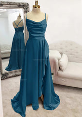 Formal Dresses For Weddings Mother Of The Bride, A-line Bateau Spaghetti Straps Long/Floor-Length Satin Prom Dress With Pleated Split