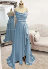 Formal Dresses For Weddings Mothers, A-line Bateau Spaghetti Straps Long/Floor-Length Satin Prom Dress With Pleated Split