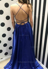 Party Dress For Teens, A-line Bateau Spaghetti Straps Sweep Train Charmeuse Prom Dress With Split