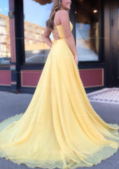 Prom Dresses Stores, A-line Bateau Spaghetti Straps Sweep Train Chiffon Prom Dress
