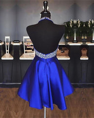 Prom Dress Under 106, A-line Beaded Halter Satin Prom Dresses Short Open Back Homecoming Dresses
