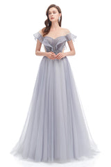 Prom Dress Tulle, A Line Beads Mermaid Prom Dresses Slit Beading