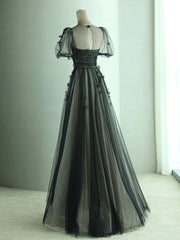 Prom Look, A-Line Black Puff Sleeves Tulle Long Prom Dress, Black Formal Evening Dress
