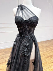 Short Prom Dress, A-Line Black Tulle Lace Long Prom Dress, Black Formal Graduation Dress