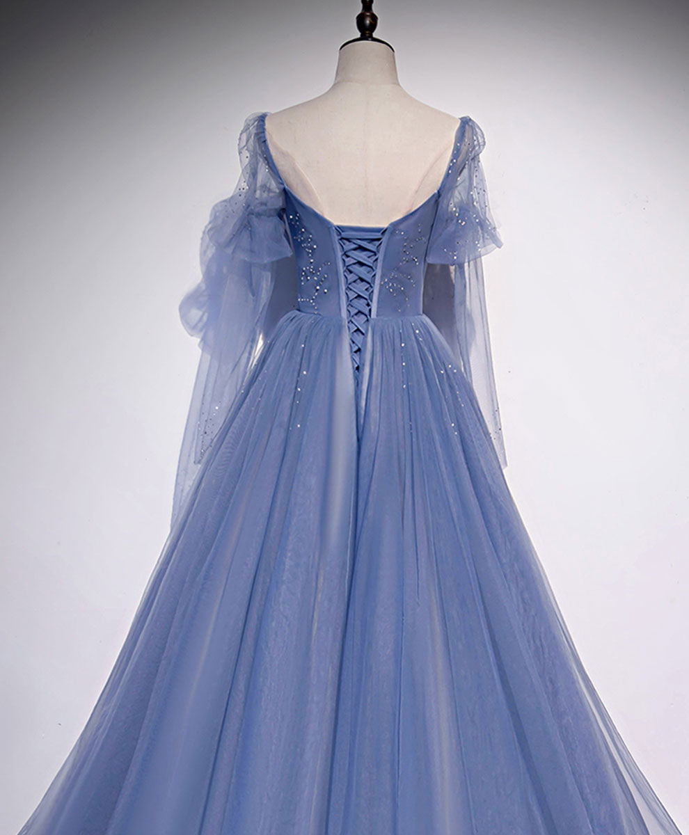 Formal Dress For Weddings, A line Blue Long Prom Dress, Blue Formal Graduation Dress with Beading