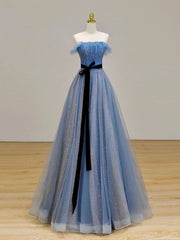 Prom Dresses Floral, A-Line Blue Long Prom Dress, Tulle Sequin Long Blue Formal Evening Dress