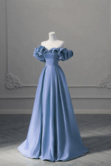 Prom Dress Two Piece, A-line Blue Satin Off Shoulder Long Evening Dress, Long Formal Dress Party Dress