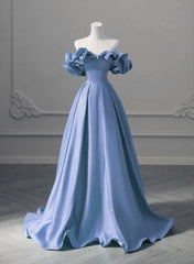 Prom Dress Ideas Black Girl, A-line Blue Satin Off Shoulder Long Evening Dress, Long Formal Dress Party Dress