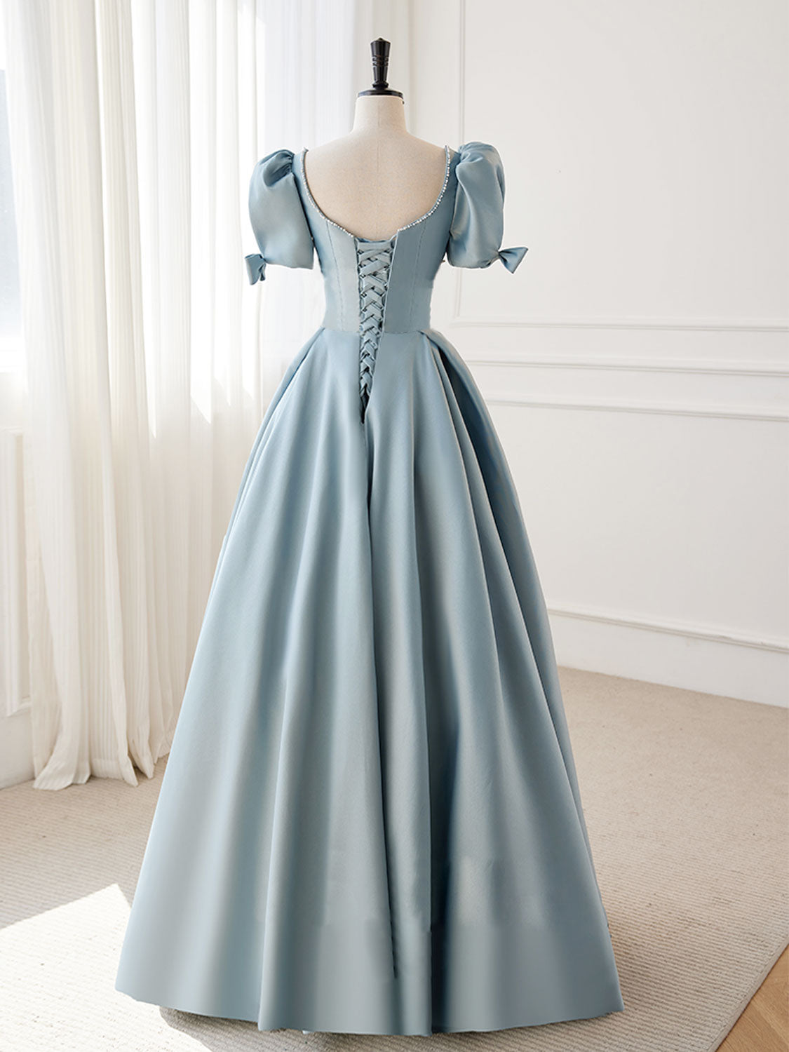 Evening Dress Formal, A-Line Blue Satin Puffy Sleeve Long Prom Dress, Blue Formal Dresses