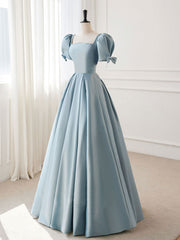 Evening Dress Cheap, A-Line Blue Satin Puffy Sleeve Long Prom Dress, Blue Formal Dresses