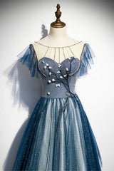 Bridal Shower Games, A-line Blue Tulle Long Beaded Prom Dress, A-Line Formal Evening Dress