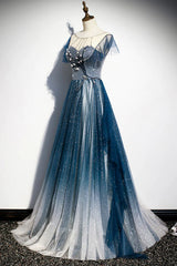 Bridesmaid Dresses Mismatched Winter, A-line Blue Tulle Long Beaded Prom Dress, A-Line Formal Evening Dress