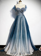 Wedding Color Schemes, A-line Blue Tulle Long Beaded Prom Dress, A-Line Formal Evening Dress