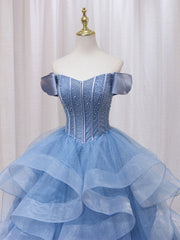 Prom Dresses Unique, A-Line Blue Tulle Long Prom Dress, Blue Sweet 16 Dress