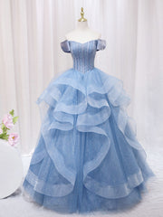 Prom Dress Unique, A-Line Blue Tulle Long Prom Dress, Blue Sweet 16 Dress