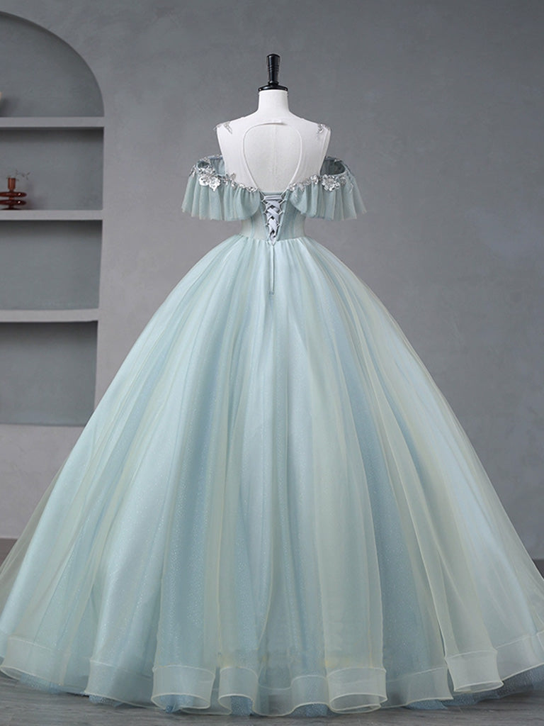 Formal Dresses Long, A-Line Blue Tulle sequin Lace Long Prom Dress, Blue Lace Sweet 16 Dress