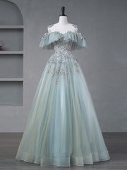 Formal Dresses For Teens, A-Line Blue Tulle sequin Lace Long Prom Dress, Blue Lace Sweet 16 Dress