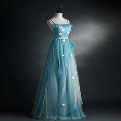 Prom Dresses Ballgown, A-line Blue Tulle Straps Long Formal Dress, Blue Long Evening Dress Prom Dress