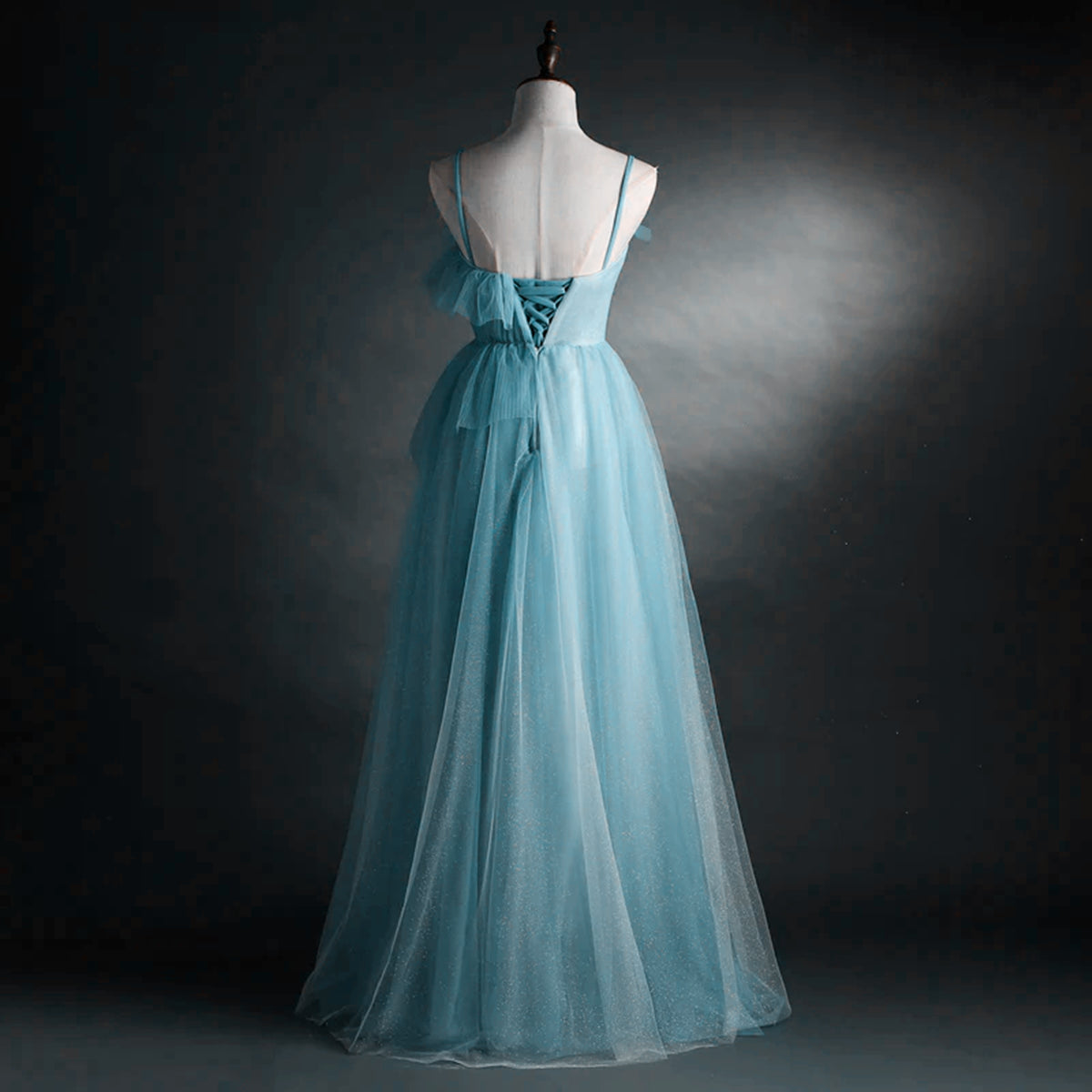 Prom Dress Ballgown, A-line Blue Tulle Straps Long Formal Dress, Blue Long Evening Dress Prom Dress