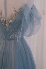 Bridesmaid Dress Designer, A-line Blue with Lace Applique Party Dress, Long Blue Formal Dress Prom Dress