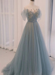 Bridesmaid Dress Designs, A-line Blue with Lace Applique Party Dress, Long Blue Formal Dress Prom Dress