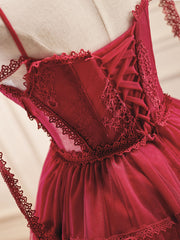 Homecoming Dresses, A-Line Burgundy Lace Short Prom Dress, Burgundy Puffy Homecoming Dresses