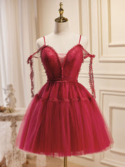 Homecoming Dresses Chiffon, A-Line Burgundy Lace Short Prom Dress, Burgundy Puffy Homecoming Dresses