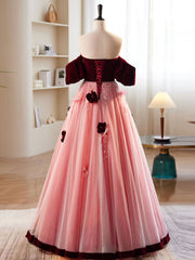 Formal Dresses Cocktail, A-Line Burgundy/Pink Tulle Velvet Long Prom Dress, Burgundy Formal Dress