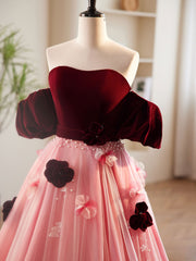 Formal Dress For Wedding Party, A-Line Burgundy/Pink Tulle Velvet Long Prom Dress, Burgundy Formal Dress