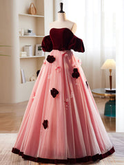 Formal Dress Floral, A-Line Burgundy/Pink Tulle Velvet Long Prom Dress, Burgundy Formal Dress