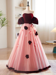 Formal Dresses Corset, A-Line Burgundy/Pink Tulle Velvet Long Prom Dress, Burgundy Formal Dress