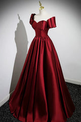 Prom Dresses For Teens, A-Line Burgundy Satin Floor Length Prom Dress, Off the Shoulder New Party Dress