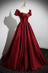 Prom Dresses 2024, A-Line Burgundy Satin Floor Length Prom Dress, Off the Shoulder New Party Dress