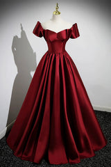 Prom Dress Sale, A-Line Burgundy Satin Floor Length Prom Dress, Off the Shoulder New Party Dress