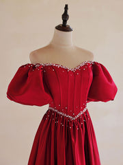 Homecoming Dress Classy Elegant, A-Line Burgundy Satin Puff Sleeves Long Prom Dress, Burgundy Formal Evening Dress