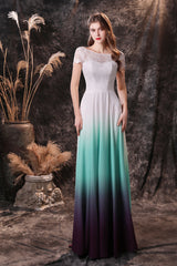 Party Dress Classy, A Line Cap Sleeve Ombre Silk Floor Length Prom Dresses