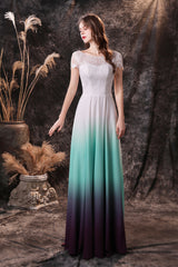 Party Dresses Outfit, A Line Cap Sleeve Ombre Silk Floor Length Prom Dresses