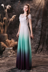 Party Dress Shopping, A Line Cap Sleeve Ombre Silk Floor Length Prom Dresses