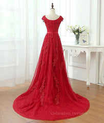 Homecome Dresses Short Prom, A Line Cap Sleeves Burgundy Lace Long Prom Dress with Appliques, Burgundy Formal Dress, Burgundy Evening Dress
