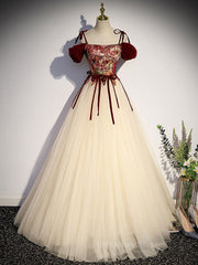 Functional Dress, A line  champagne long prom dress, champagne tulle formal evening dress
