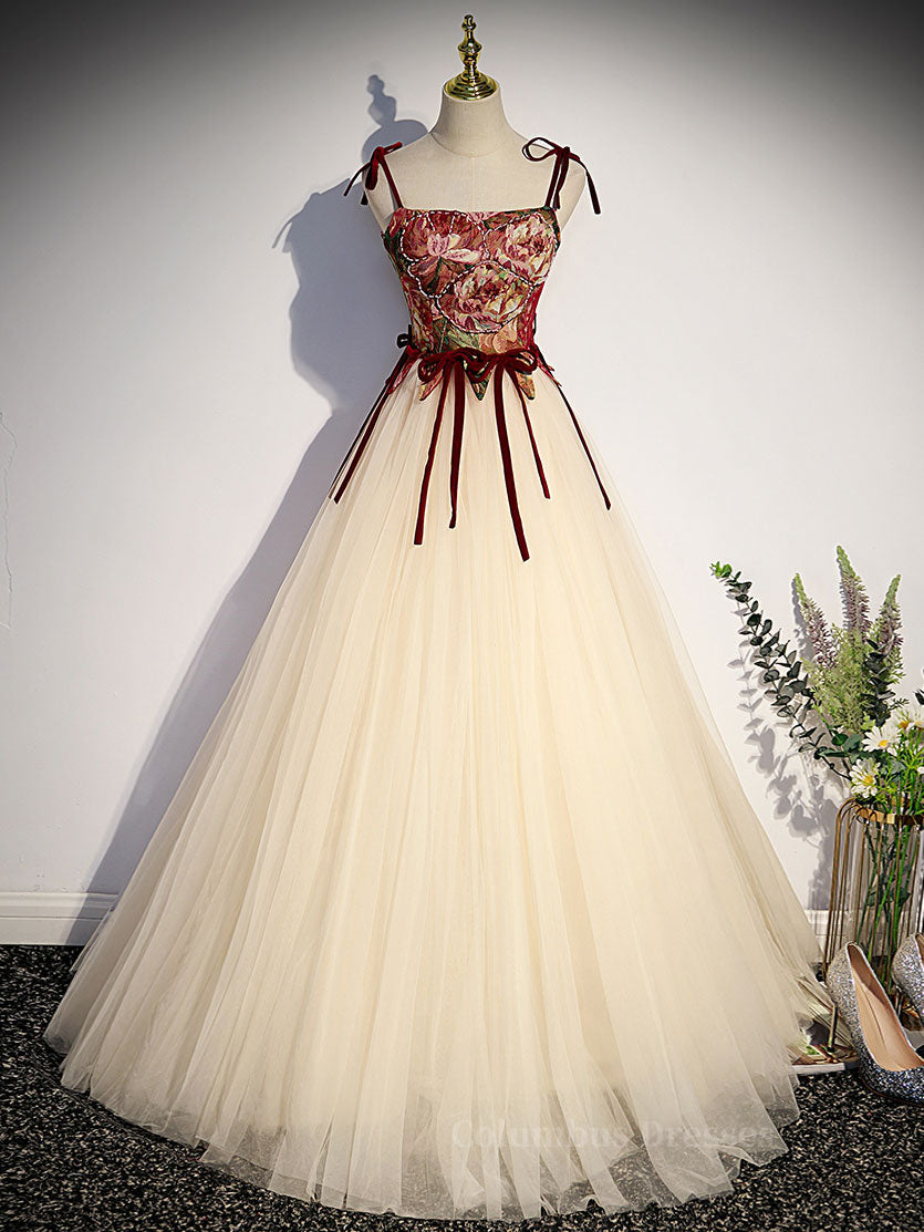 Prom Dress Aesthetic, A line  champagne long prom dress, champagne tulle formal evening dress