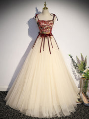Evening Dress, A line Champagne Long Prom Dresses, Champagne Formal Gown With Beading Velvet