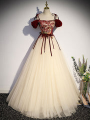 Princess Dress, A line Champagne Long Prom Dresses, Champagne Formal Gown With Beading Velvet
