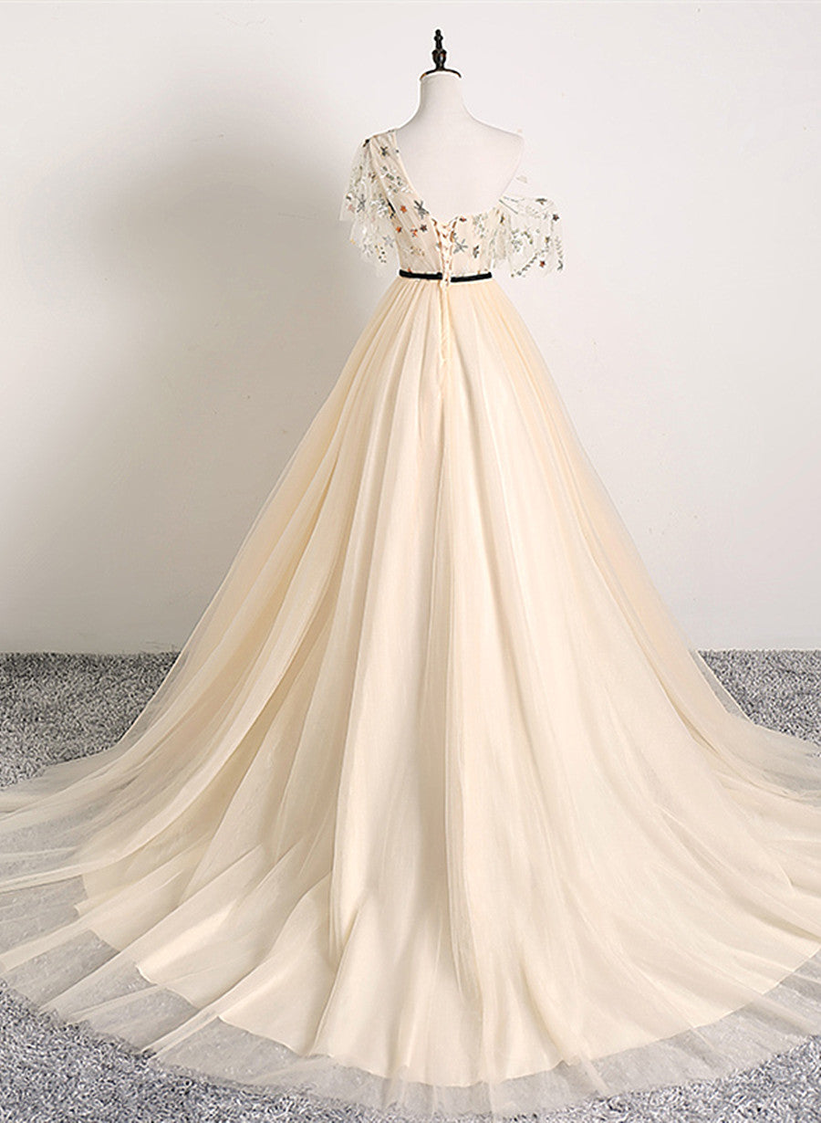 Bridal Shoes, A-line Champagne One Shoulder Prom Dress, Long Party Dress