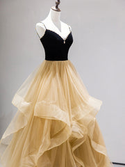 Prom Dresses Store, A-Line Champagne Tulle Long Prom Dresses, Velvet Graduation Dresses with Beading