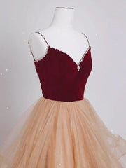 Prom Dressed Long, A-Line Champagne Tulle Long Prom Dresses, Velvet Graduation Dresses with Beading
