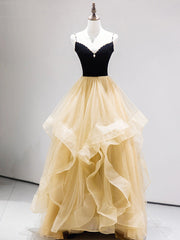 Prom Dress Store, A-Line Champagne Tulle Long Prom Dresses, Velvet Graduation Dresses with Beading