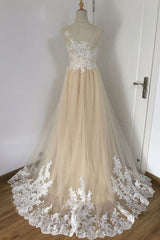 Wedding Dresses With Color, A-line Champagne with White Lace Round Neckline Party Dress, Beautiufl Wedding Party Dresses