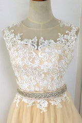Wedding Dress Backless, A-line Champagne with White Lace Round Neckline Party Dress, Beautiufl Wedding Party Dresses
